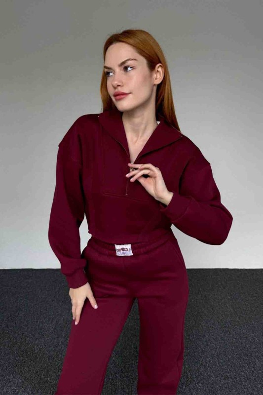 TKM-03649 Bordo Fermuarlı Crop Sweatshirt Etiket Detaylı Jogger Eşofman İkili Takım