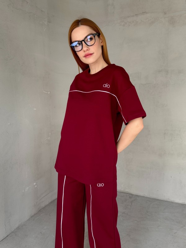 TKM-03653 Bordo Muadil Kumaş Bisiklet Yaka Tshirt Bel Lastikli Palazzo Alt Biyeli İkili Takım