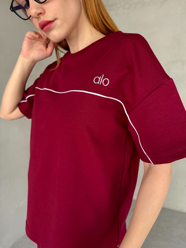 TKM-03653 Bordo Muadil Kumaş Bisiklet Yaka Tshirt Bel Lastikli Palazzo Alt Biyeli İkili Takım