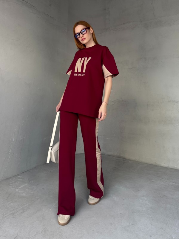 TKM-03655 Bordo Beyaz NY Nakışlı Bisiklet Yaka Tshirt Bel Lastikli Palazzo Alt İkili Takım