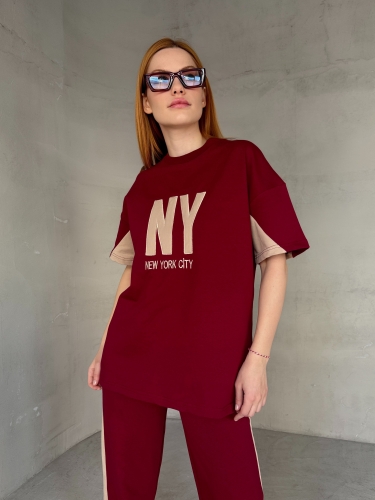 TKM-03655 Bordo Beyaz NY Nakışlı Bisiklet Yaka Tshirt Bel Lastikli Palazzo Alt İkili Takım - Thumbnail