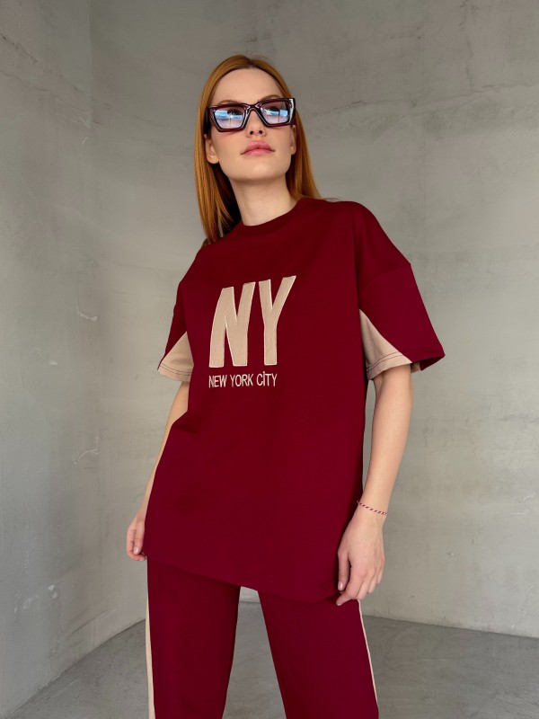 TKM-03655 Bordo Beyaz NY Nakışlı Bisiklet Yaka Tshirt Bel Lastikli Palazzo Alt İkili Takım