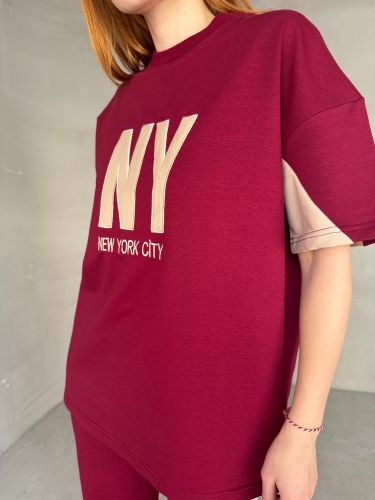 TKM-03655 Bordo Beyaz NY Nakışlı Bisiklet Yaka Tshirt Bel Lastikli Palazzo Alt İkili Takım - Thumbnail