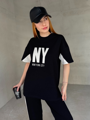 Cappmoda - TKM-03655 Siyah Beyaz NY Nakışlı Bisiklet Yaka Tshirt Bel Lastikli Palazzo Alt İkili Takım (1)