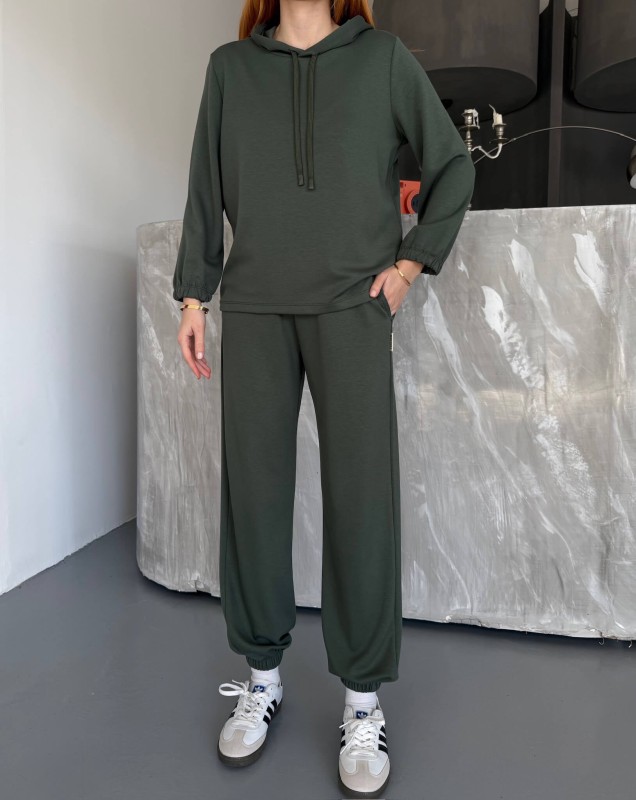 TKM-1104 Haki Oysh Kumaş Kapüşonlu Bluz Jogger Alt İkili Salaş Takım