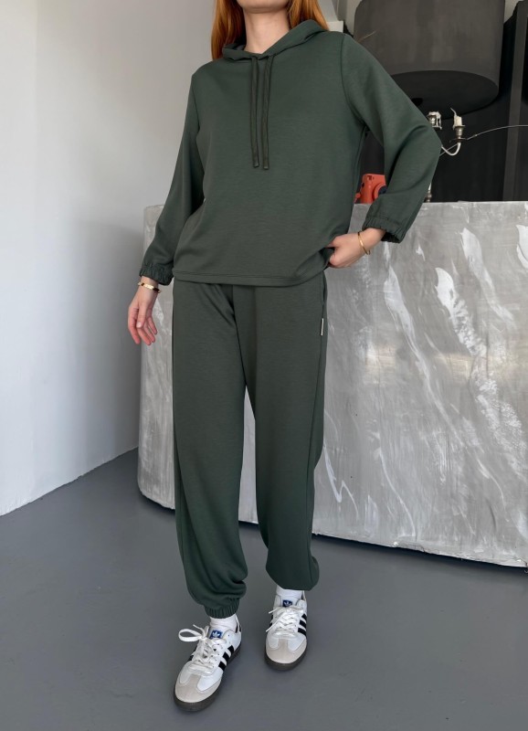 TKM-1104 Haki Oysh Kumaş Kapüşonlu Bluz Jogger Alt İkili Salaş Takım