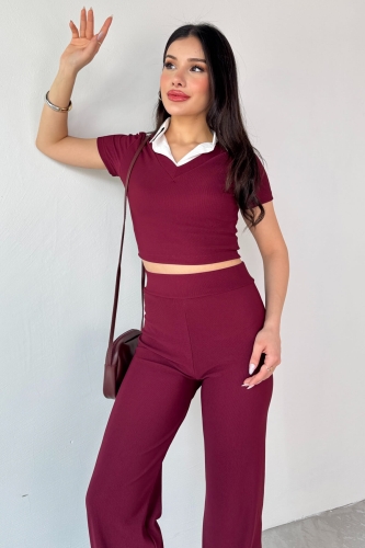 Cappmoda - TKM-13264 Bordo Gömlek Detay Crop Bluz Yüksek Bel Pantolon İkili Takım (1)