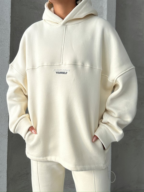 TKM-3639 Ekru Always Enjoy Yazı Baskılı Kapüşonlu Sweatshirt Çimalı Jogger Üç İplik Şardonlu İkili Takım