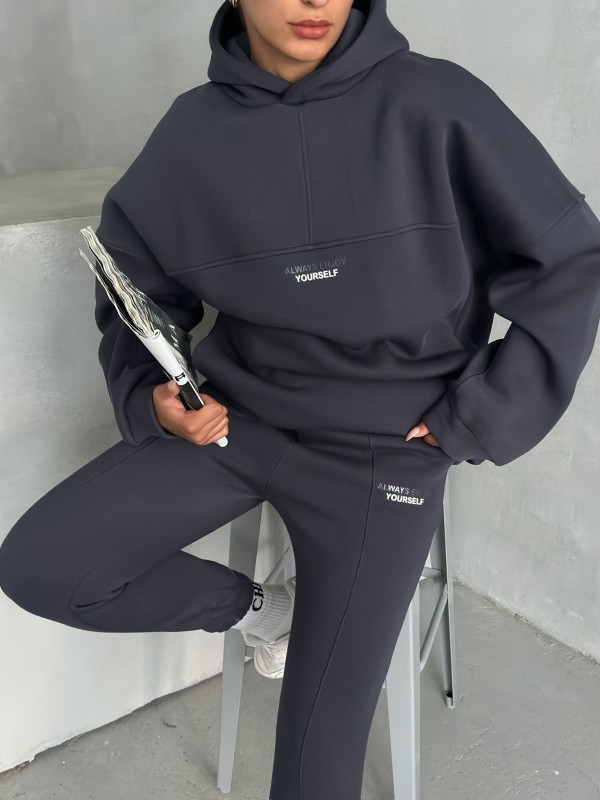 TKM-3639 Füme Always Enjoy Yazı Baskılı Kapüşonlu Sweatshirt Çimalı Jogger Üç İplik Şardonlu İkili Takım