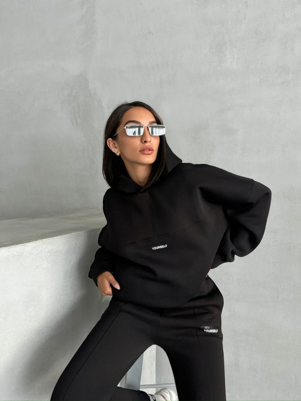 TKM-3639 Siyah Always Enjoy Yazı Baskılı Kapüşonlu Sweatshirt Çimalı Jogger Üç İplik Şardonlu İkili Takım